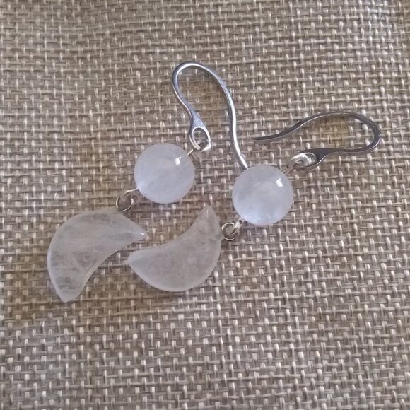 Bold & Modern Style! Genuine Crystal Quartz Moon Statement Dangle Earrings - Picture 4 of 8